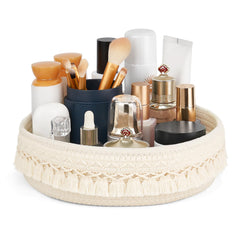 Mkono macrame makeup organizer on vanity keeps cosmetics accessible and stylish.