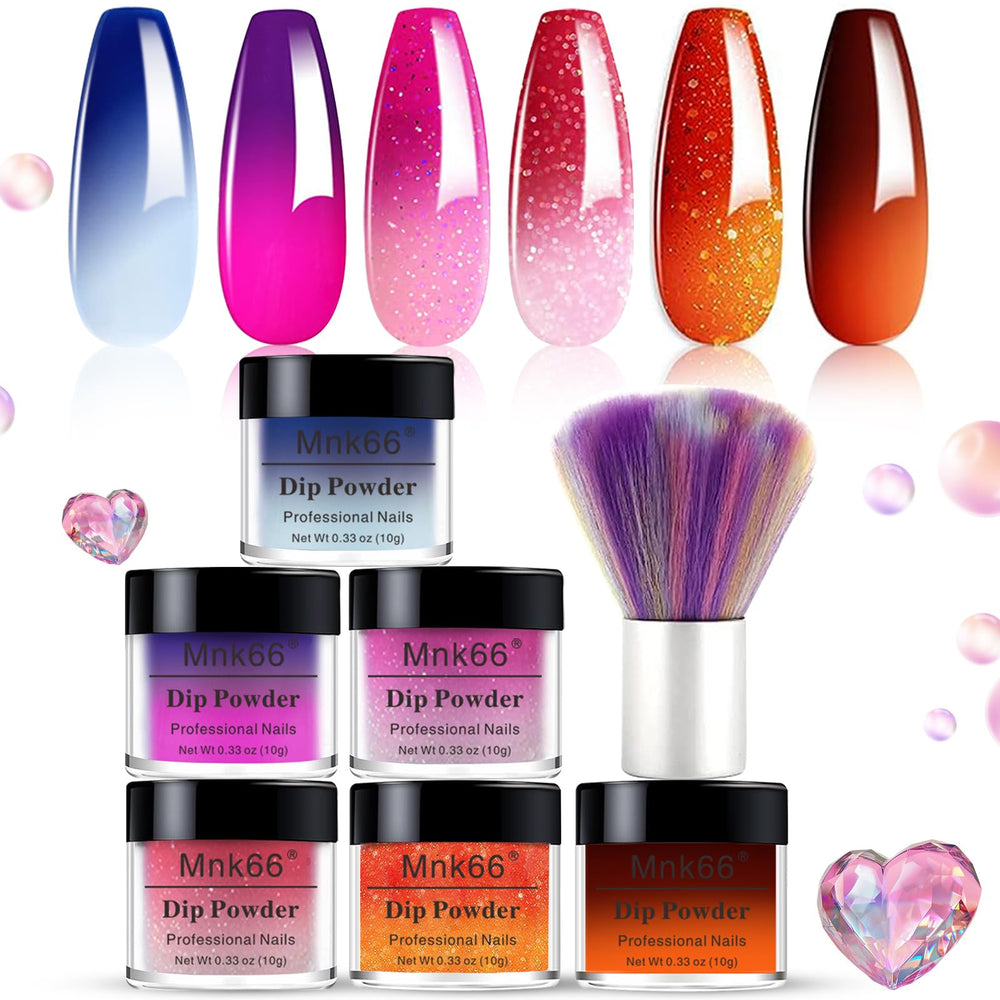 Mnk66 color dip powder set shows six glossy colors for durable nails.