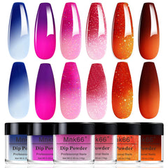 Mnk66 dip powder collection close-up showing six vibrant colors.