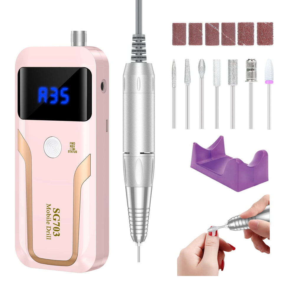 MOCOWIND portable nail drill top view shows cordless convenience for on-the-go manicures.