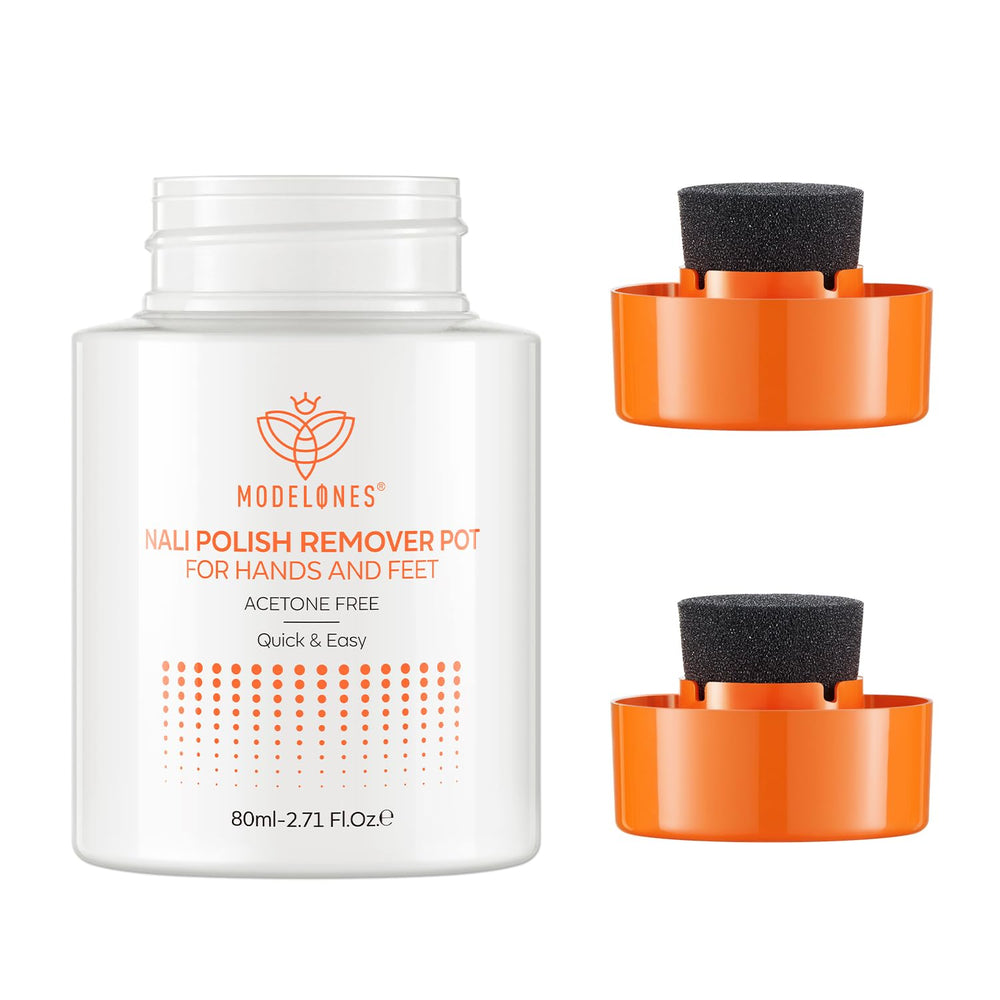 Modelones acetone-free remover pot with closed lid; spill-proof for mess-free manicures anywhere.