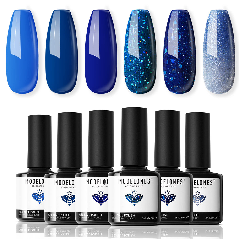 modelones blue gel nail polish set six shades swatches for winter glitter finish, salon-worthy