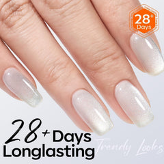Modelones glitter gel over neutral base for glossy nude look.