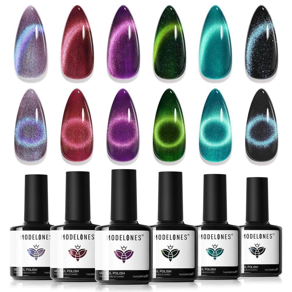 Modelones cat-eye gel polish set with six colors for chic nails.