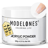 Modelones clear acrylic powder bottle closeup highlights big capacity for frequent professional use.