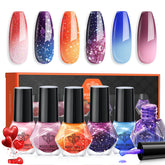 Modelones color-changing nail polish pink bottle demonstrates mood-shift color on nails.