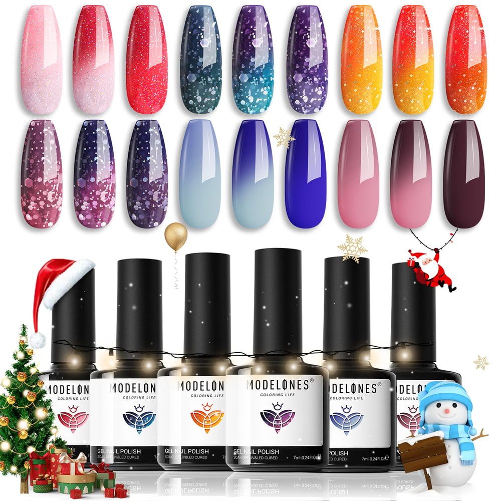 Modelones color-changing-nail-polish-set shows six shades for seasonal manicures.