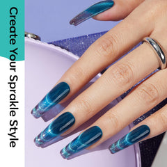 Modelones galactic glitter nails with shimmering holographic finish.