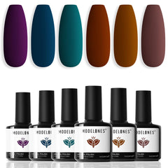 Modelones gel nail polish set with six colors for chic fall and winter nails.