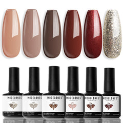 Modelones gel nail polish set six colors swatches for versatile DIY nail designs.