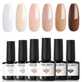 Modelones gel nail polish set six colors white-nude-brown palette for long-lasting fall-winter nails.