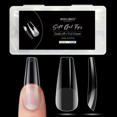 Modelones long coffin nail tips packaging shows 500-piece set for at-home manicure