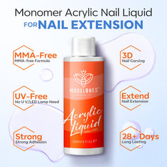 Modelones monomer liquid being poured shows smooth self-leveling consistency for nail art.