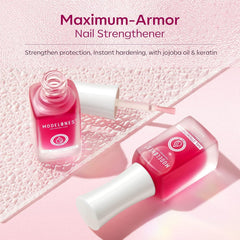 Modelones nail-strengthener base coat application for smooth color start.