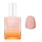 Modelones Nail Strengthener bottle pours showing clear iridescent finish for natural-looking nails.