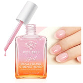 Modelones nail strengthener bottle close-up with glitter pink finish for shiny, even nails