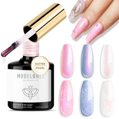 Modelones Pearl Gel Top Coat: botella vertida para aplicación suave y uniforme.