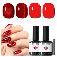 Modelones Red Cat Eye gel polish bottle close-up with vivid color and shimmer.