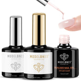 Modelones top coat nail gel nude pink application showcases glossy finish and protection.