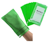 Modu Korean exfoliating mitts in green showcase vegan viscose texture for smoother skin.