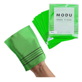Modu Korean exfoliating mitts in green packaging for convenient at-home spa prep.