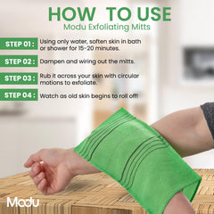 Modu exfoliating mitts green packaging showcasing value and eco-friendly reuse