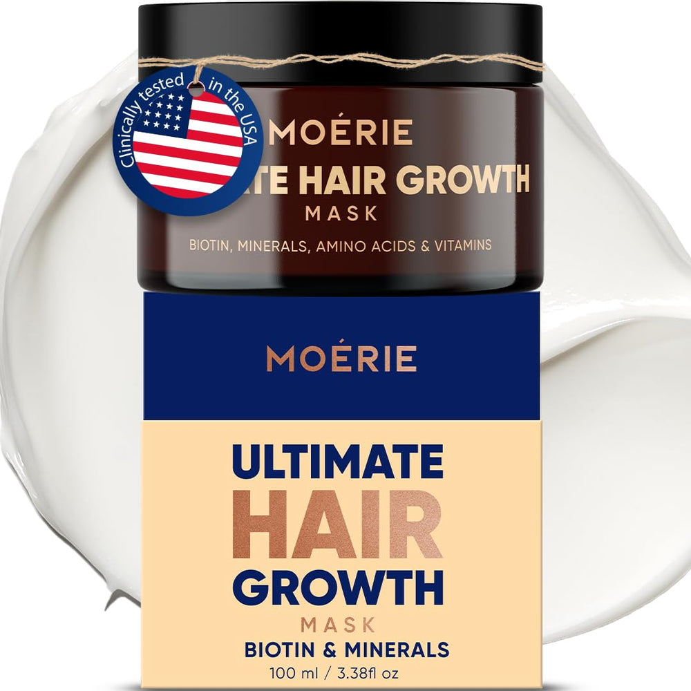 Moerie Hair Growth Mask bottle shown for a gentle, nourishing at-home routine.