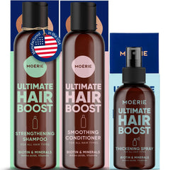 Moerie mineral shampoo bottle highlights nourishing formula for thicker, healthier-looking hair.
