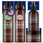 Moerie shampoo bottle front shows a nourishing formula for fuller hair.