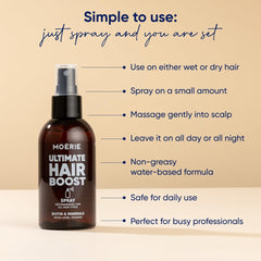 Moerie Ultimate Hair Boost Spray being applied, suggesting easy daily scalp-application for enhanced volume.