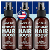 Moerie Ultimate Hair Boost Spray bottle closeup for stronger hair and refreshed scalp.