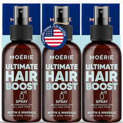 Moerie Ultimate Hair Boost Spray bottle closeup for stronger hair and refreshed scalp.