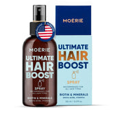 Moerie Ultimate Hair Boost Spray bottle close-up highlights a premium formula for thicker hair.