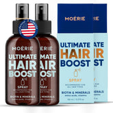 Moerie Ultimate Hair Boost Spray bottle showing mineral-rich formula for fuller, healthier-looking hair.