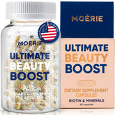 Moerie Ultimate Hair Boost bottle highlighting hair health support.