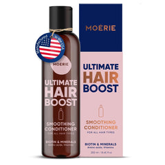 Moerie Ultimate Hair Growth Conditioner bottle front demonstrates fuller, thicker hair potential