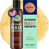 Moerie Ultimate Hair Growth Shampoo bottle front showing product on clean surface for fuller-looking hair