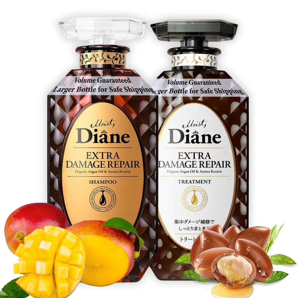Moist Diane hair repair shampoo bottle highlights keratin and argan oil for damaged hair protection