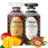 Moist Diane hair repair shampoo bottle highlights keratin and argan oil for damaged hair protection