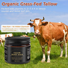 Mokasakiso Grass-fed tallow close-up with honey and shea for nourishing skin.