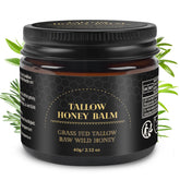 Mokasakiso Beef Tallow Balm jar close-up showing creamy texture for deep hydration.