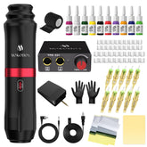 MOKOHOA tattoo gun kit front view shows durable aluminum pen for precise lines.