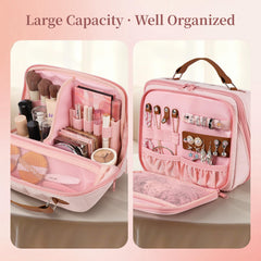 MOKURA Quilted makeup bag interior with adjustable dividers keeps cosmetics neatly organized.