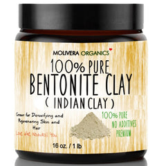 Molivera Organics bentonite clay packaging shows USA-made purity with eco-friendly materials.