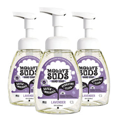 Molly's Suds lavender foaming hand soap bottle for gentle cleansing and moisturized skin.