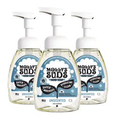 Molly's Suds unscented foaming hand soap front view with three-pack for gentle cleansing