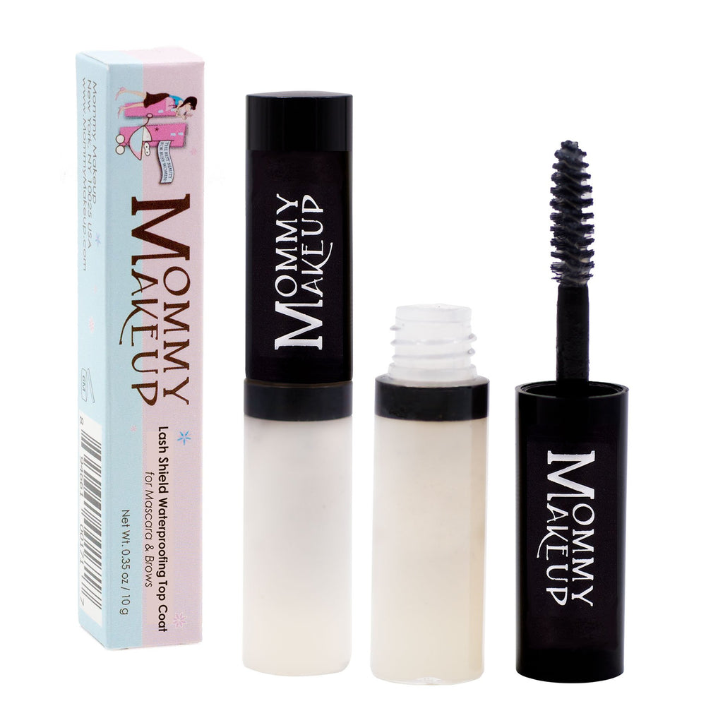 Mommy Makeup Lash Shield Top Coat application closeup demonstrates waterproof sealing for lashes.