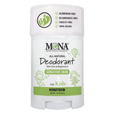 MONA Honeydew deodorant stick packaging signals kid-safe, natural odor protection.