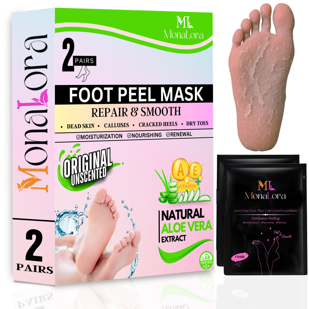 MonaLora Foot Peel Mask packaging with Aloe Vera for gentle exfoliation