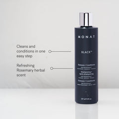MONAT Black Shampoo and Conditioner duo-pack shown for all hair types.